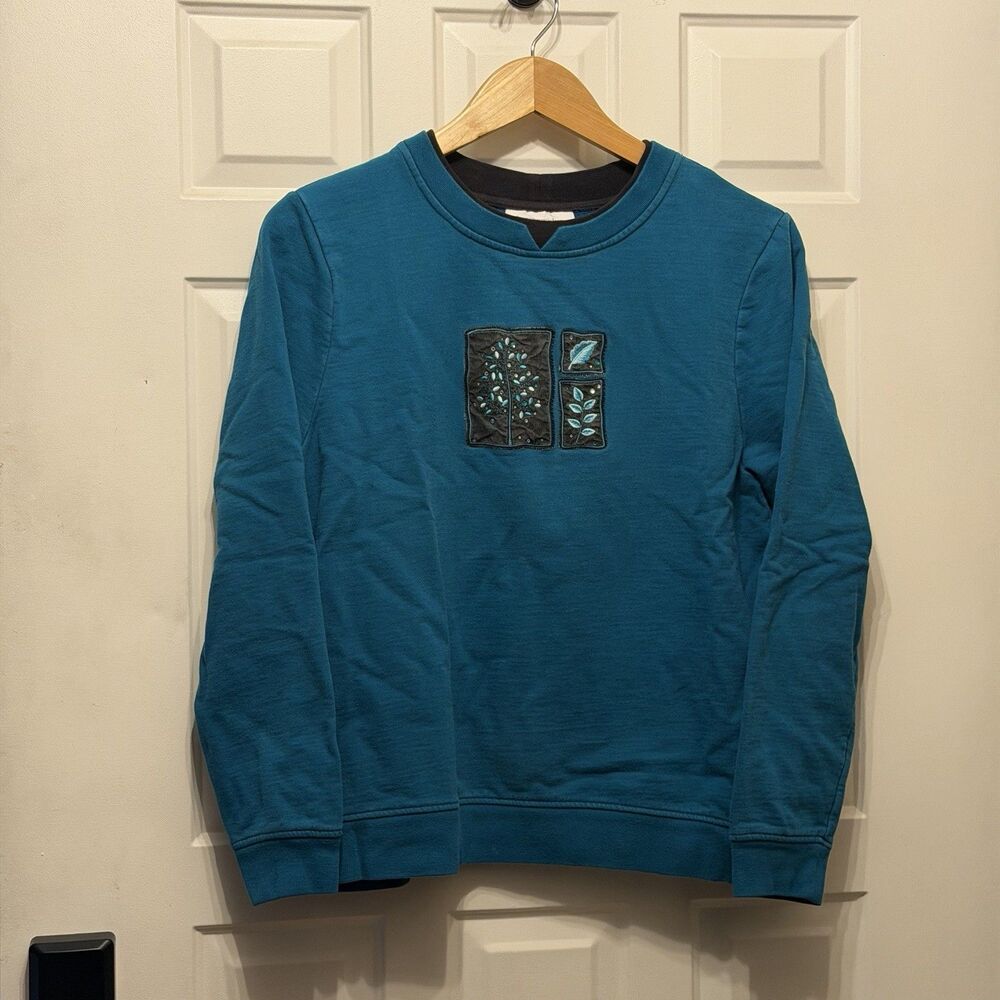 Breckenridge Tree Sweatshirt Womens L Teal Embroidered Sequin Vintage Grannycore